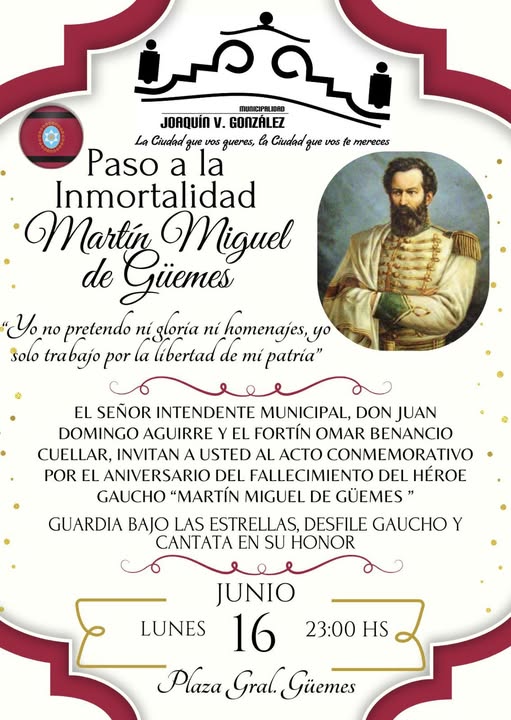 SALTA: Joaquín V. González Conmemora el Paso a la Inmortalidad del General Martín Miguel de Güemes